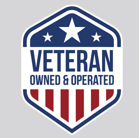 Shield-shaped logo with blue and white fields, three stars, and bold text reading 'VETERAN OWNED & OPERATED' over red stripes, signaling a veteran-owned business.