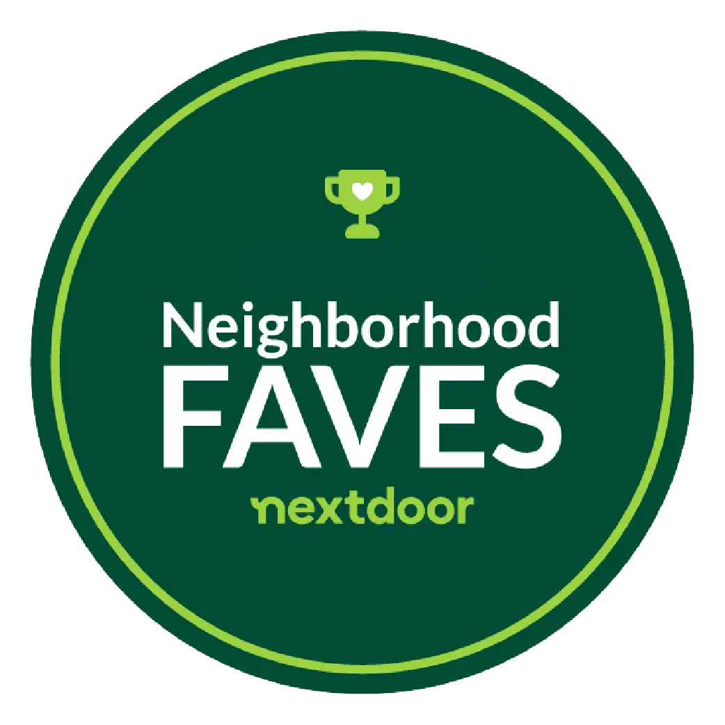 Green circular badge with lime border reading 'Neighborhood FAVES' and 'nextdoor' logo, topped by a small trophy icon with a heart