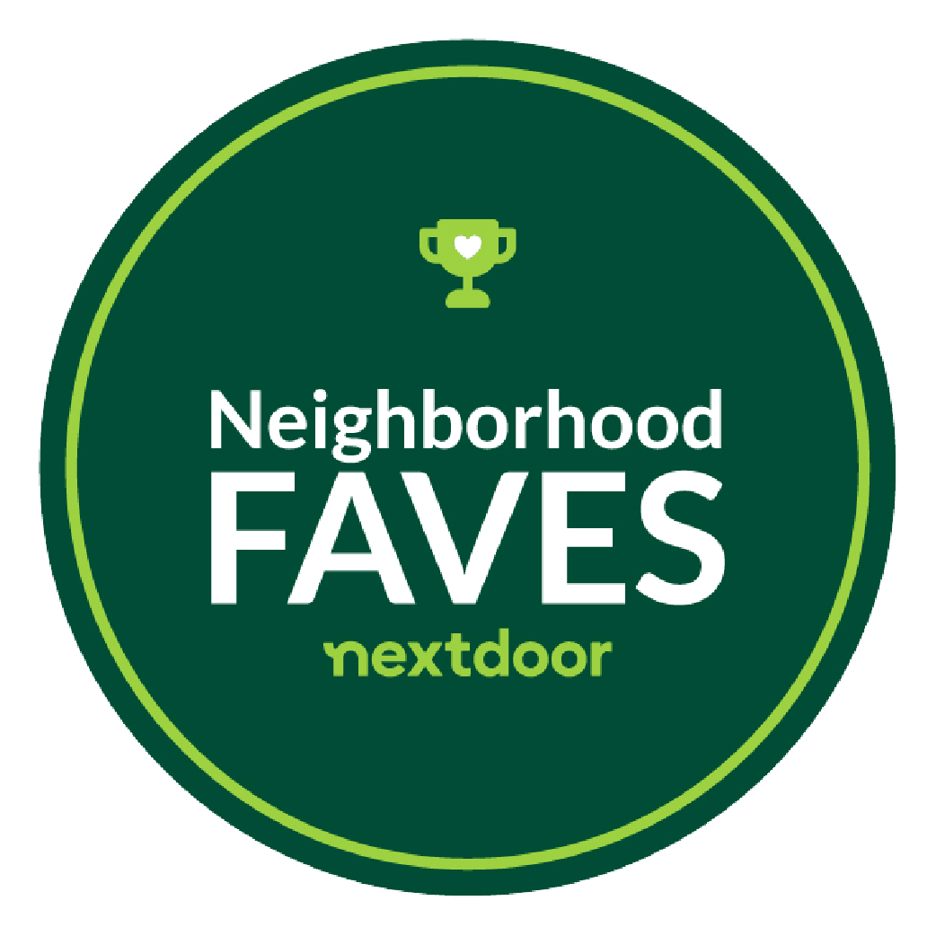 Green circular badge with lime border reading 'Neighborhood FAVES' and 'nextdoor' logo, topped by a small trophy icon with a heart
