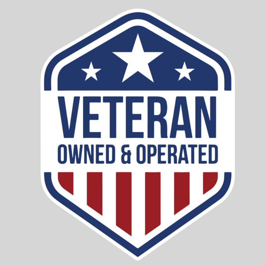 Shield-shaped logo with blue and white fields, three stars, and bold text reading 'VETERAN OWNED & OPERATED' over red stripes, signaling a veteran-owned business.