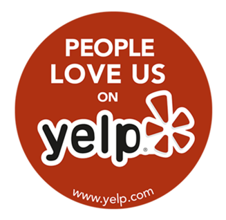 Red circular badge reading 'People Love Us on Yelp' with the Yelp logo and www.yelp.com.