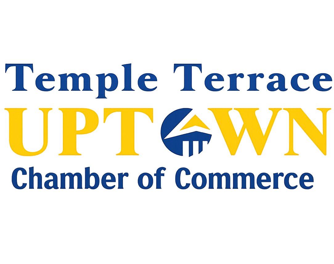 Temple Terrace Uptown Chamber of Commerce logo in blue and gold with a circular emblem between letters U and P. Scroll-like design forms a crest silhouette.