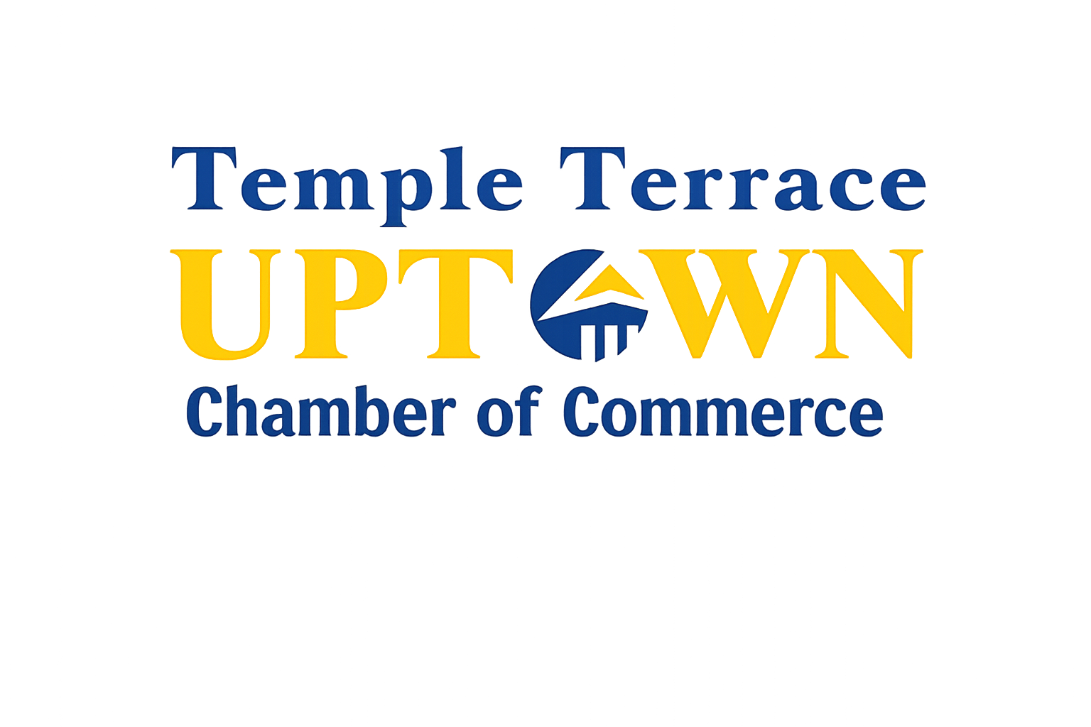 Temple Terrace Uptown Chamber of Commerce sign with blue text, yellow glow around the word UPTOWN and a blue circular logo in the center of the word UPTOWN.