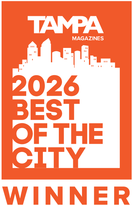 Award badge for Tampa Magazine 2026 Best of the City winner with orange background and white skyline silhouette.